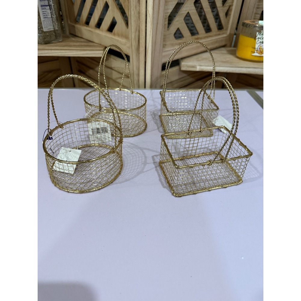 4 Small Gold Wire Baskets Round Rectangle Handles Favor Decor